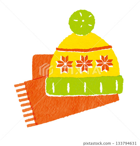 色彩繽紛的冬季配件插圖，包括針織帽和圍巾（紅色、橙色、黃綠色） 133794631