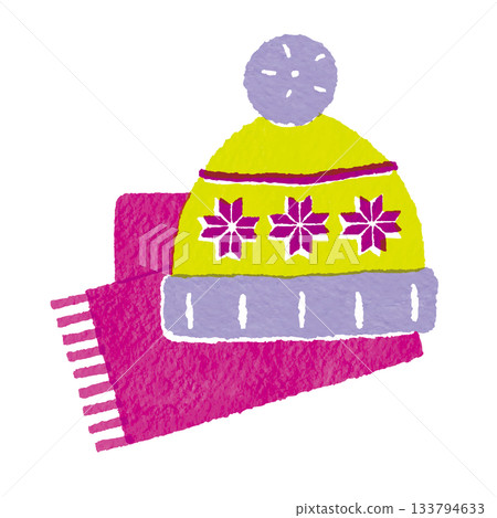 色彩繽紛的冬季配件插圖，包括針織帽和圍巾（洋紅色、紫色、黃綠色） 133794633