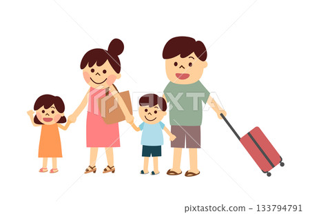 Family traveling with carry-on bags 133794791