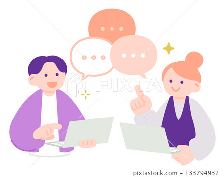 Flat illustration of a man and woman with a laptop having a meeting 133794932