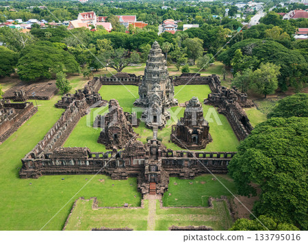 Drone shot the aerial view of Phimai Historical Park. the ancient stone temple Nakhon Ratchasima, Thailand 133795016