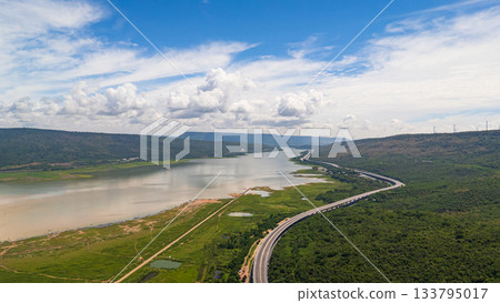 Drone shot The M6 motorway Nakhon Ratchasima Province - Bang Pa-in Lam Ta Khong River and Mountain. Motorway Korat Thailand 133795017