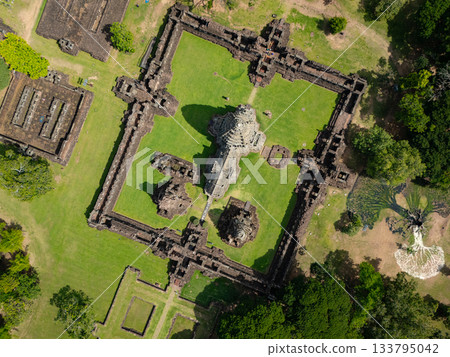 Drone shot the aerial view of Phimai Historical Park. the ancient stone temple Nakhon Ratchasima, Thailand 133795042