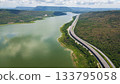 Drone shot The M6 motorway Nakhon Ratchasima Province - Bang Pa-in Lam Ta Khong River and Mountain. Motorway Korat Thailand 133795058