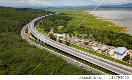 Drone shot The M6 motorway Nakhon Ratchasima Province - Bang Pa-in Lam Ta Khong River and Mountain. Motorway Korat Thailand 133795060