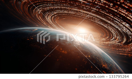 Earth Surrounded by Digital Rings and Data in Space Earth Surrounded by Digital Rings and Data in Space 133795264