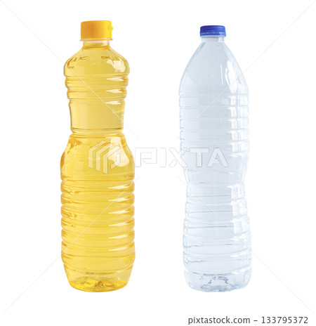 Vegetable oil and water in bottle isolated on white background with clipping path. Vegetable oil and water in bottle isolated on white background with clipping path. 133795372