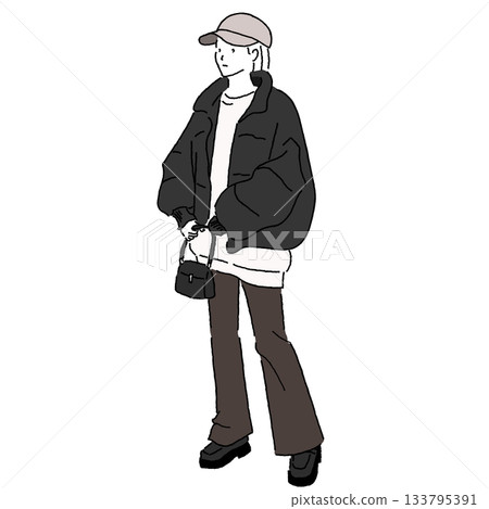冬季休閒街頭女裝風格插畫：羽絨外套搭配帽子 133795391