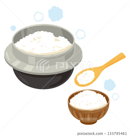Illustration of rice cooked in a pot and rice served in a bowl Illustration of rice cooked in a pot and rice served in a bowl 133795461