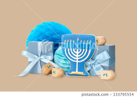 Hanukkah decor: menorah cookie, gifts, blue accents Hanukkah decor: menorah cookie, gifts, blue accents 133795554