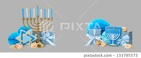Colorful Hanukkah decor: menorah, dreidels, gifts on gray background 133795573