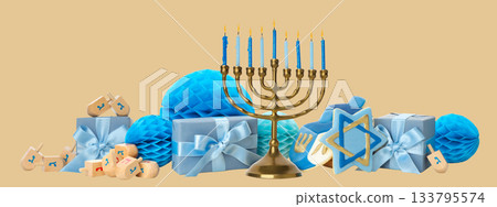 Hanukkah setup with menorah, blue decor, and gifts Hanukkah setup with menorah, blue decor, and gifts 133795574