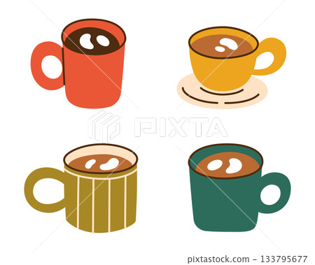 Coffee cup set in flat cartoon vector style with bright doodle designs, warm ceramic mugs, creamy hot drink motifs, cozy mood, aesthetic beverage theme for decorative uses, latte and cappuccino 133795677