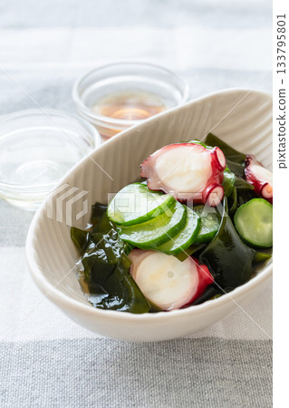 Vinegared cucumber, octopus and wakame seaweed 133795801