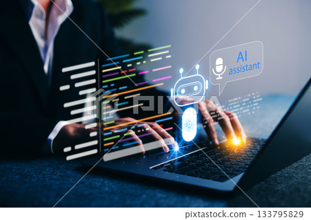 AI assistant for coding. Businessman using automation on laptop, showcasing chatbot technology, virtual assistant, and smart algorithm for digital transformation in modern workspace. AI assistant for coding. Businessman using automation on laptop, showcasing chatbot technology, virtual assistant, and smart algorithm for digital transformation in modern workspace. 133795829