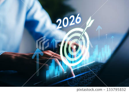 2026 Growing business. Businessman typing on laptop with digital growth chart, symbolizing future goals, business planning, and strategic vision for company success and performance. 133795832