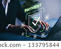 Online payment. Businessman making secure on laptop, featuring cybersecurity, digital transaction, password protection, and secure financial technology for e-commerce and online banking. 133795844