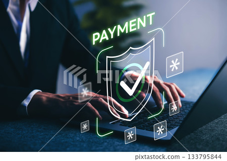 Online payment. Businessman making secure on laptop, featuring cybersecurity, digital transaction, password protection, and secure financial technology for e-commerce and online banking. Online payment. Businessman making secure on laptop, featuring cybersecurity, digital transaction, password protection, and secure financial technology for e-commerce and online banking. 133795844