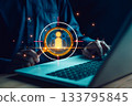 Recruiter using magnifying glass targeting best candidates on laptop, symbolizing HR analytics, talent acquisition, employee search, or workforce optimization in digital recruitment. 133795845