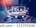 Businessman calculating tax with money, calculator and laptop on desk. Concept for financial planning, tax return, accounting, finance management, income, expenses, or IRS preparation. 133795846