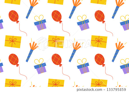 Festive pattern in flat cartoon vector style with gifts, party poppers and balloons illustrations, bright celebration mood, playful holiday theme for wrapping paper, cheerful decorative uses Festive pattern in flat cartoon vector style with gifts, party poppers and balloons illustrations, bright celebration mood, playful holiday theme for wrapping paper, cheerful decorative uses 133795859
