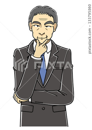 A middle-aged man in a suit grinning with his hand on his chin (upper body) A middle-aged man in a suit grinning with his hand on his chin (upper body) 133795860