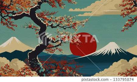 一幅以仙鶴、松樹、竹子和梅花為主題的流行風格背景插畫。 一幅以仙鶴、松樹、竹子和梅花為主題的流行風格背景插畫。 133795874