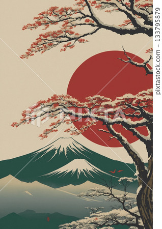 一幅以仙鶴、松樹、竹子和梅花為主題的流行風格背景插畫。 一幅以仙鶴、松樹、竹子和梅花為主題的流行風格背景插畫。 133795879