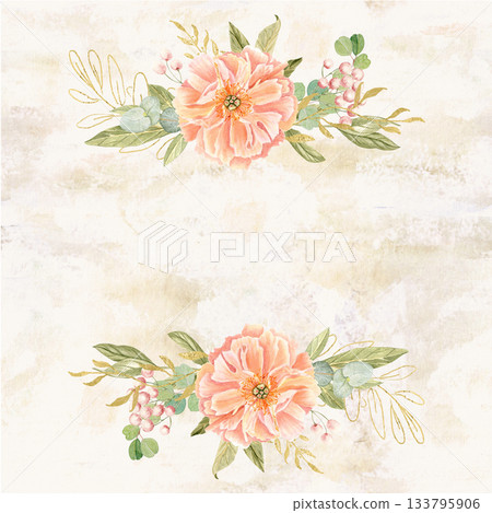 Peach peonies, eucalyptus, gold oval accents on beige textured background. Hand-painted watercolor floral frame. Ideal for wedding invitations, stationery layouts, branding and elegant card designs. 133795906