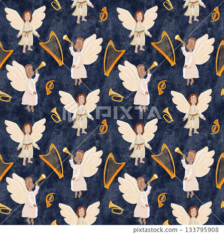 Angels with instruments a golden trumpet, harp, symbolizing diversity and holiday joy. Perfect for Christmas cards, decor, inclusive projects. Watercolor seamless pattern on blue textured background Angels with instruments a golden trumpet, harp, symbolizing diversity and holiday joy. Perfect for Christmas cards, decor, inclusive projects. Watercolor seamless pattern on blue textured background 133795908