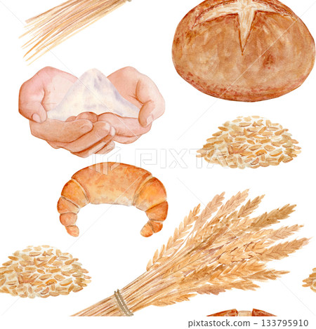 Crescent roll, round bread, wheat grains, flour sack. Seamless watercolor pattern on white background with perfect for bakery packaging, kitchen textiles, menu design, wrapping paper, rustic food 133795910