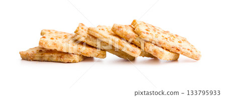 Crunchy salted crackers isolated on white background. 133795933