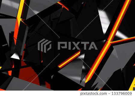 Abstract angular structure is floating in 3D render void featuring black shards with neon outlines Abstract angular structure is floating in 3D render void featuring black shards with neon outlines 133796009