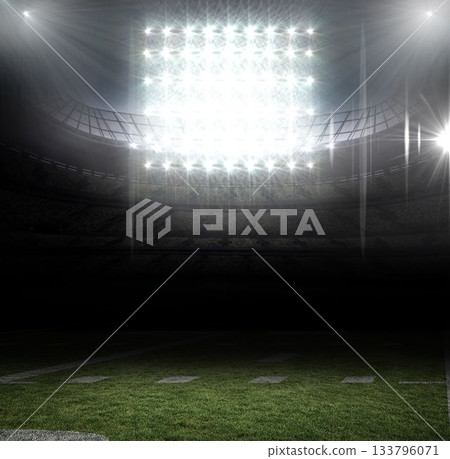 Bright stadium floodlight array is glowing in flat design over seating tiers and green turf field Bright stadium floodlight array is glowing in flat design over seating tiers and green turf field 133796071