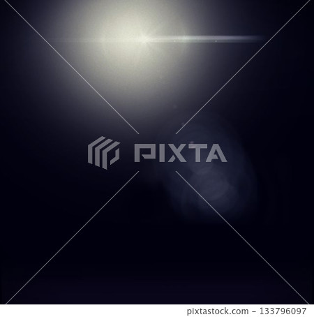 Flat design bright light flare is casting horizontal glare streak and lens flare rings over void 133796097