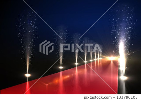 3D art is showing red carpet runway extending toward glowing aperture on stage with spark fountains 3D art is showing red carpet runway extending toward glowing aperture on stage with spark fountains 133796105