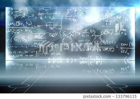 3D render showing glass board with equations and diagrams over floor with circular patterns, lights 3D render showing glass board with equations and diagrams over floor with circular patterns, lights 133796115