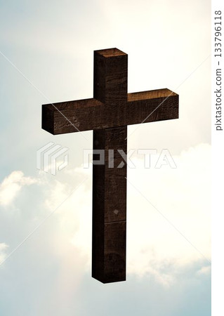 Dark brown wooden cross is being suspended with weathered texture against bright sky in flat design 133796118