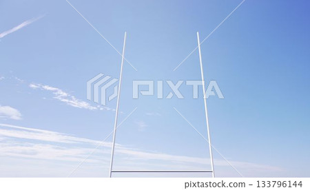 Flat design white metal goalpost is standing against bright blue sky with scattered clouds 133796144