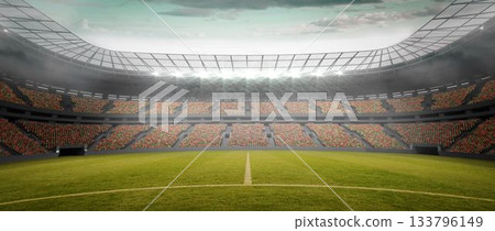 Football stadium is featuring green pitch with center line, seating, lit floodlights in flat design 133796149