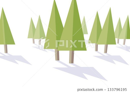 Flat design pine tree is standing among green brown-trunked trees on white, casting long shadows 133796195