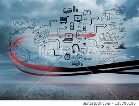 Hand-drawn infographic is floating above calm sea and cloudy sky, showing tech commerce data flow 133796196