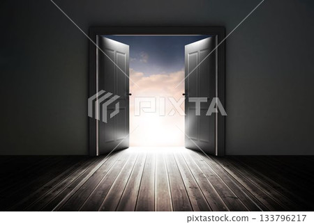 Digitally generated open doors in dark room 133796217