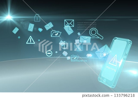 Showing holographic smartphone warning emblem on blue-gray gradient floating mail icons, data cubes Showing holographic smartphone warning emblem on blue-gray gradient floating mail icons, data cubes 133796218