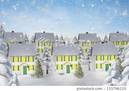 Snow-covered cottages with lit windows and decorated trees are sitting in flat design winter scene Snow-covered cottages with lit windows and decorated trees are sitting in flat design winter scene 133796220