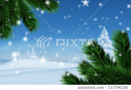 Flat design winter landscape showing green pine branches framing snow hills with falling snowflakes Flat design winter landscape showing green pine branches framing snow hills with falling snowflakes 133796280