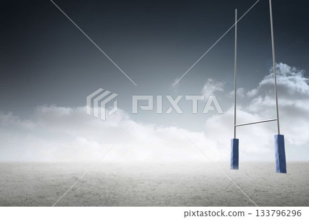 Flat design rugby goal posts with padded base are standing on cracked plain under overcast sky 133796296
