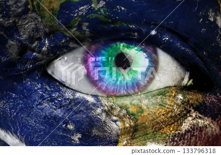 Human eye is merging with satellite Earth view in surreal digital art, showcasing rainbow iris Human eye is merging with satellite Earth view in surreal digital art, showcasing rainbow iris 133796318