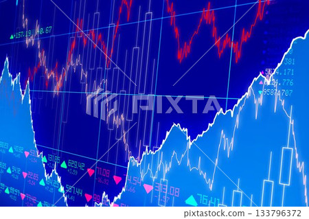 Flat design chart showing line and candlestick overlays with grid, numbers, green-red triangles 133796372