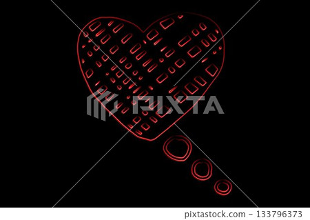 Neon red heart with grid rectangles is glowing on solid black background with three thought bubbles Neon red heart with grid rectangles is glowing on solid black background with three thought bubbles 133796373
